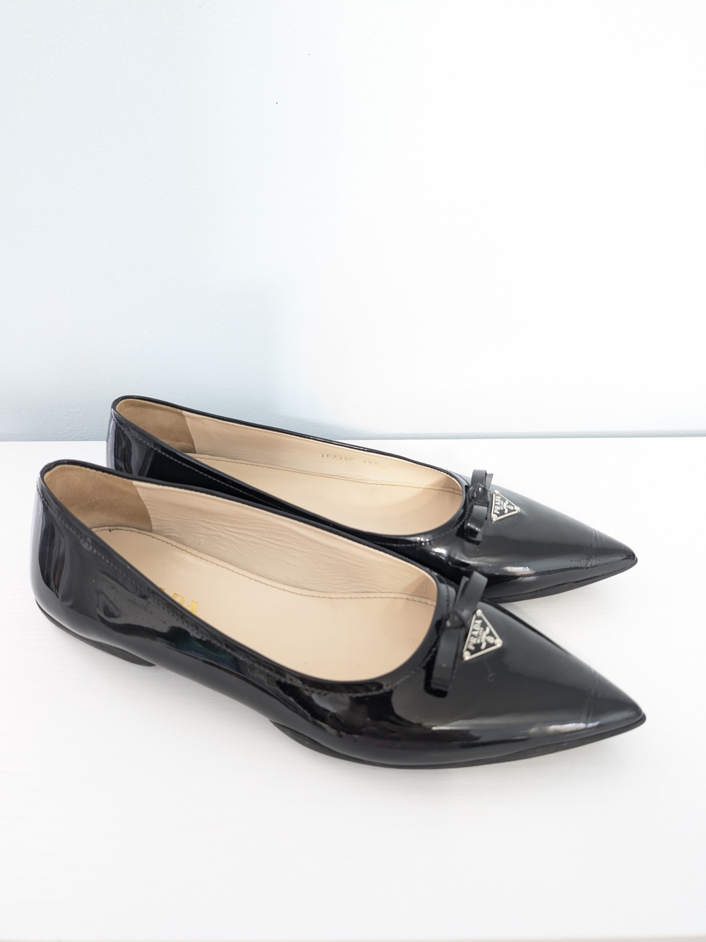 Prada Black Patent Pointed-Toe Ballet Flats with Logo Plaque